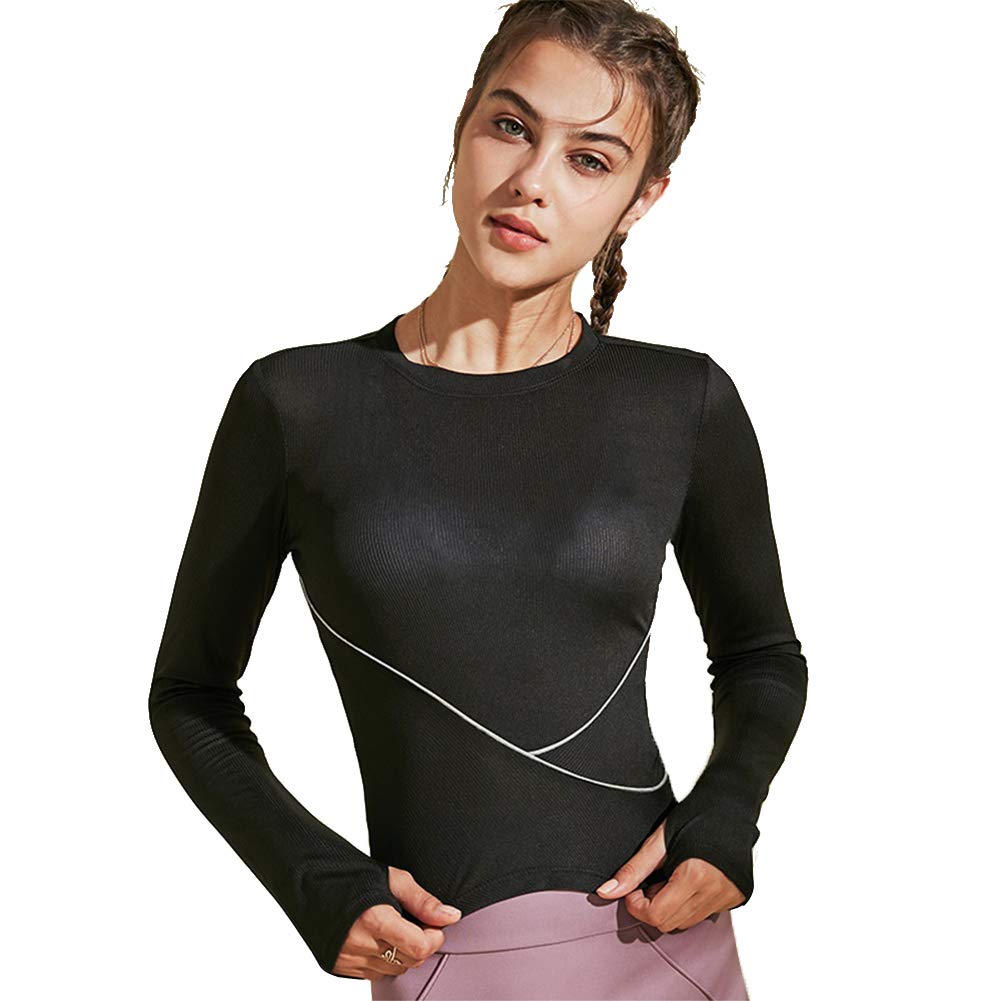 Casual Tight-Fitting Yoga Sportswear, Quick-Drying Slim-Fitting Sports Long-Sleeved T-Shirt Wake Up Control Abdominal Seamless Exercise Yoga T-Shirt,Black,L