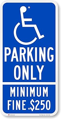 SmartSign 24 x 12 inch “Parking Only - Minimum Fine USD 250†California Handicap Parking Metal Sign, 80 mil Aluminum, 3M Laminated High-Intensity Grade Reflective Material, Blue and White