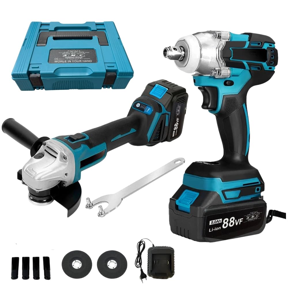 A.M.C. Kit Completo Professionale Fai da Te 2 in 1 con Trapano Avvitatore ad Impulsi Svita Bulloni a Batteria, Smerigliatrice Angolare a Batteria 88v