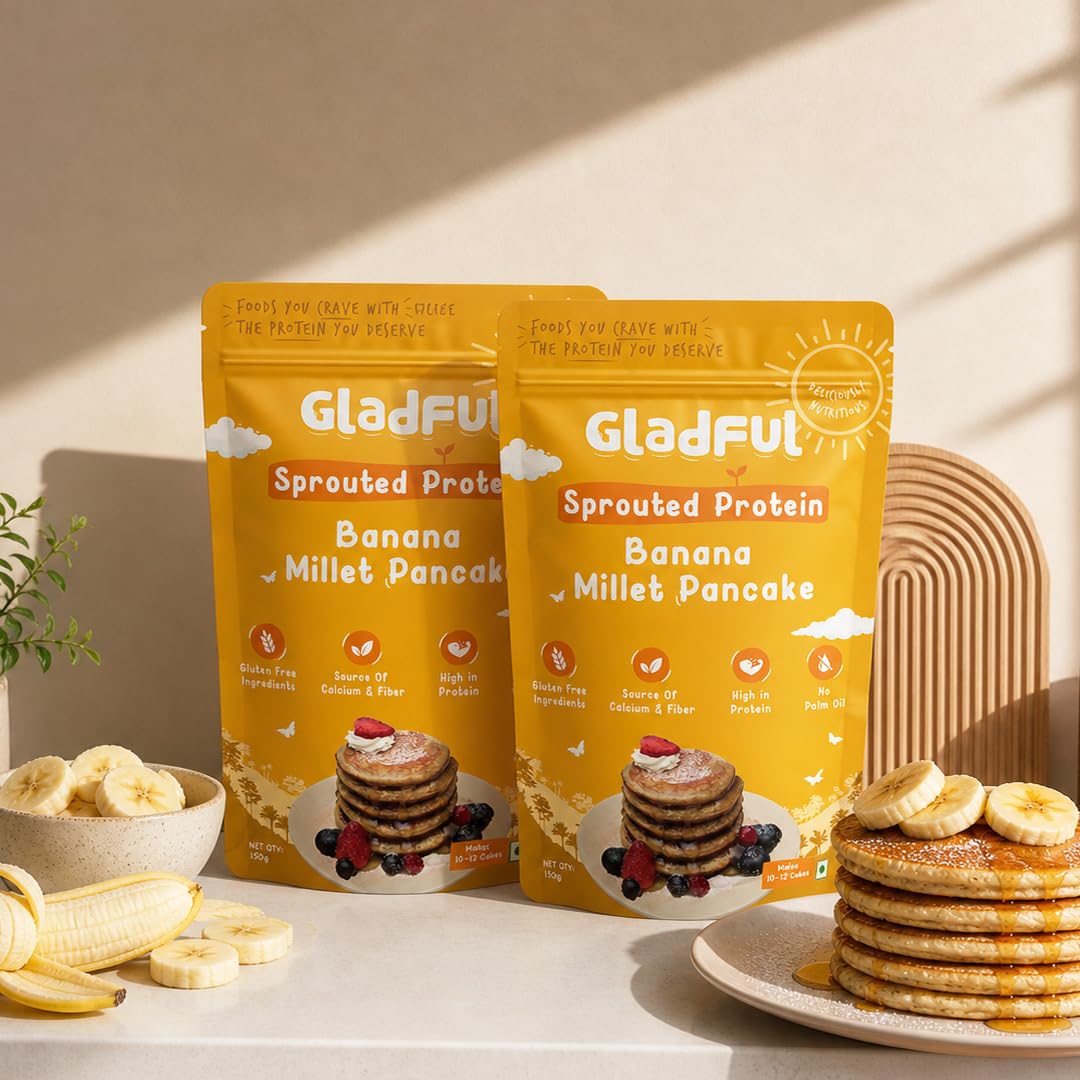 Gladful Banana Millet Pancake, No Maida, No Palm Oil, No Refined Sugar, Gluten Free, High Protein, Low Carbs, Low Gi Millet Grain, Eggless 300 Grams (Pack Of 2) - Banana