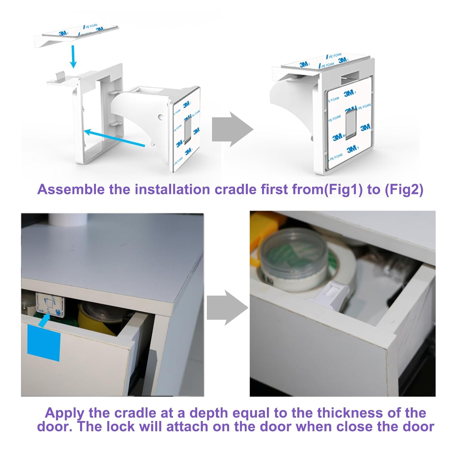 Diagram illustrating the assembly of the installation cradle and its application for precise lock placement.