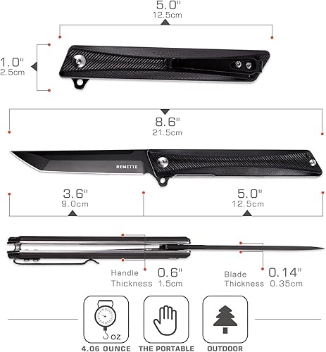 Vista 23 de REMETTE Cuchillo de bolsillo GD22K, Flipper Open D2 Steel Tanto plegable con mango G10 duradero, cuchillo EDC de transporte diario para hombres