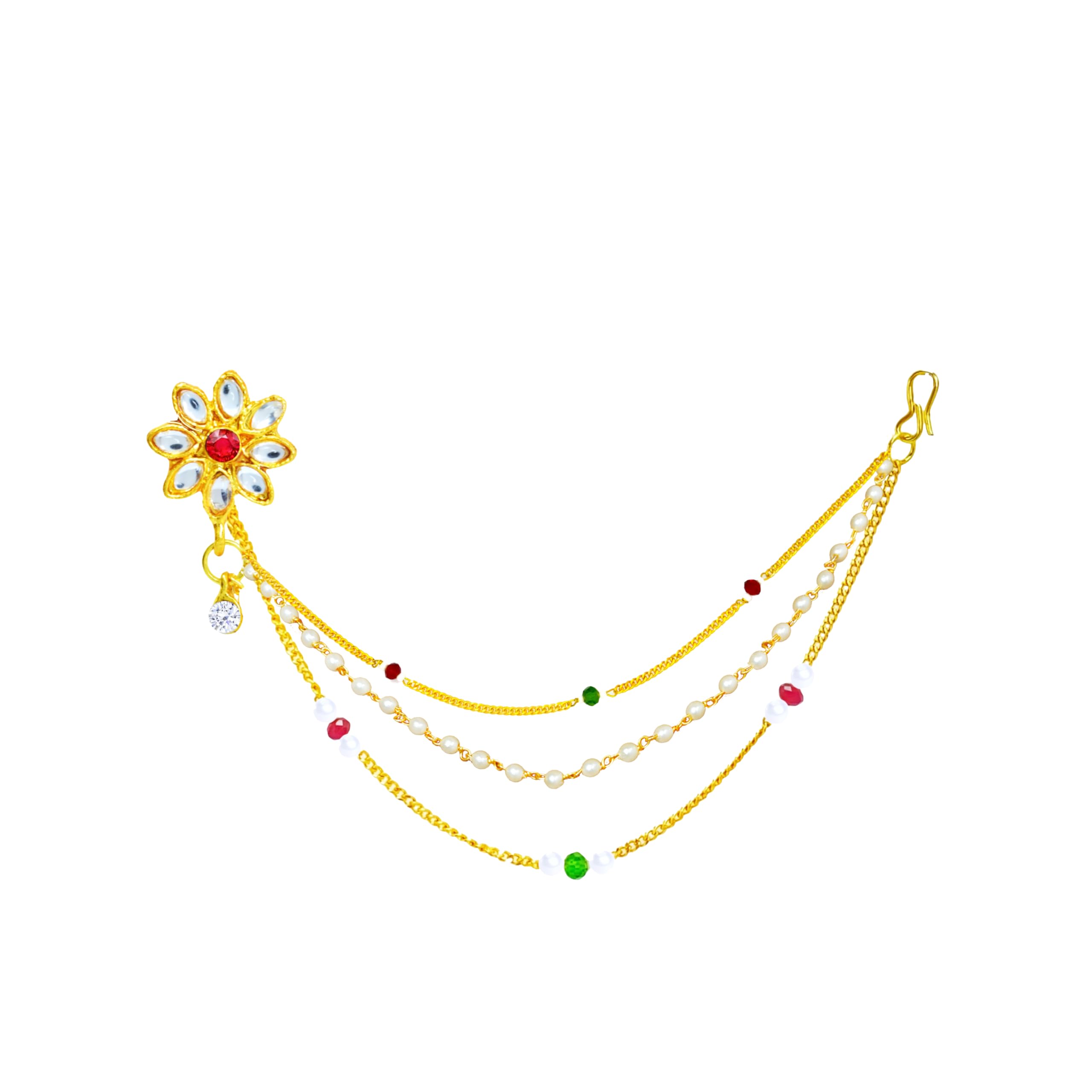 Kundan Nath Gold Plated Clip On Chain Nathiya Pearl Double Chain Non Pierced Besar For Women (Red) (B09MPG7XPC) Amazon Price History, Amazon Price Tracker
