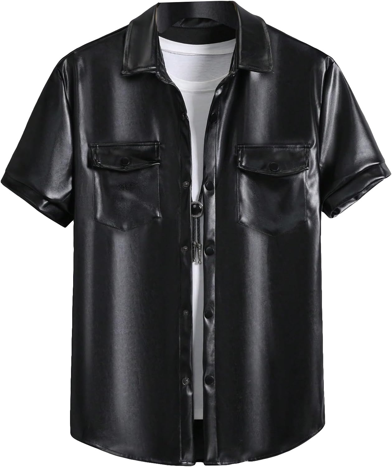 WDIRARA Men's Pu Leather Flap Pocket Short Sleeve Button Up Shirt Party Collar Top