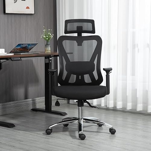 Miniatura 5 de Silla de oficina ergonómica, silla de computadora de respaldo alto con reposacabezas ajustable 3D y rueda de desplazamiento silenciosa, silla de