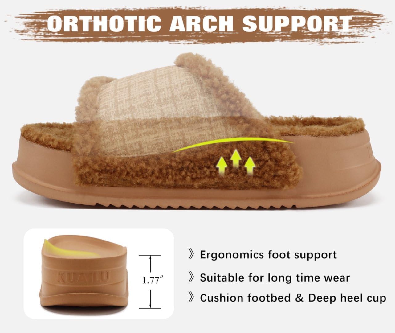 KuaiLu Cushion Slippers For Women with Orthotic Arch Support Wide Adjustable Open Toe Furry Fur Sandals Warm Teddy Fleece Recovery Slides Slip On House Shoes Indoor Outdoor Outfits - Image 4
