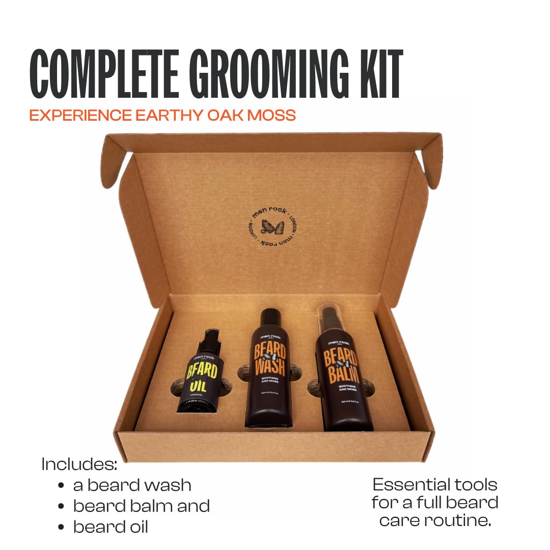 Men Rock Beard Care Gift Set with Beard Wash, Beard Balm and Beard Oil to Keep Beard Under Control, Earthy Oak Moss Fragrance 2 x 100ml, 1 x 30ml