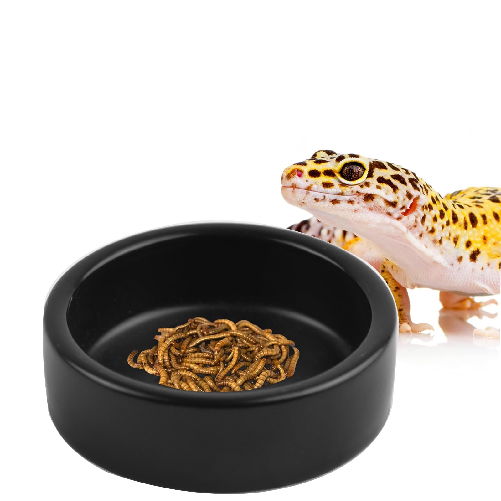 OMEM Black Ceramic Reptile Food and Water Dish Anti Escape Bowl for Bearded Dragons Lizards Geckos and Leopards (Large)