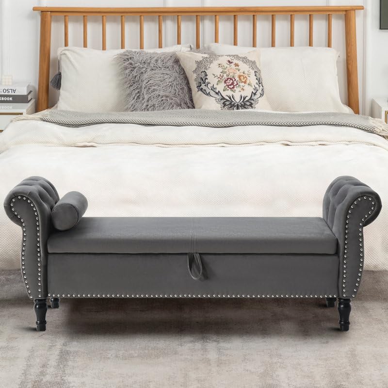 Velvet Upholstered Storage Bench Sofa Bench Sofa couches Ottoman Bench 2seater Sofa Chaise Lounger Puffy for Living Room Bedroom Office (Grey)