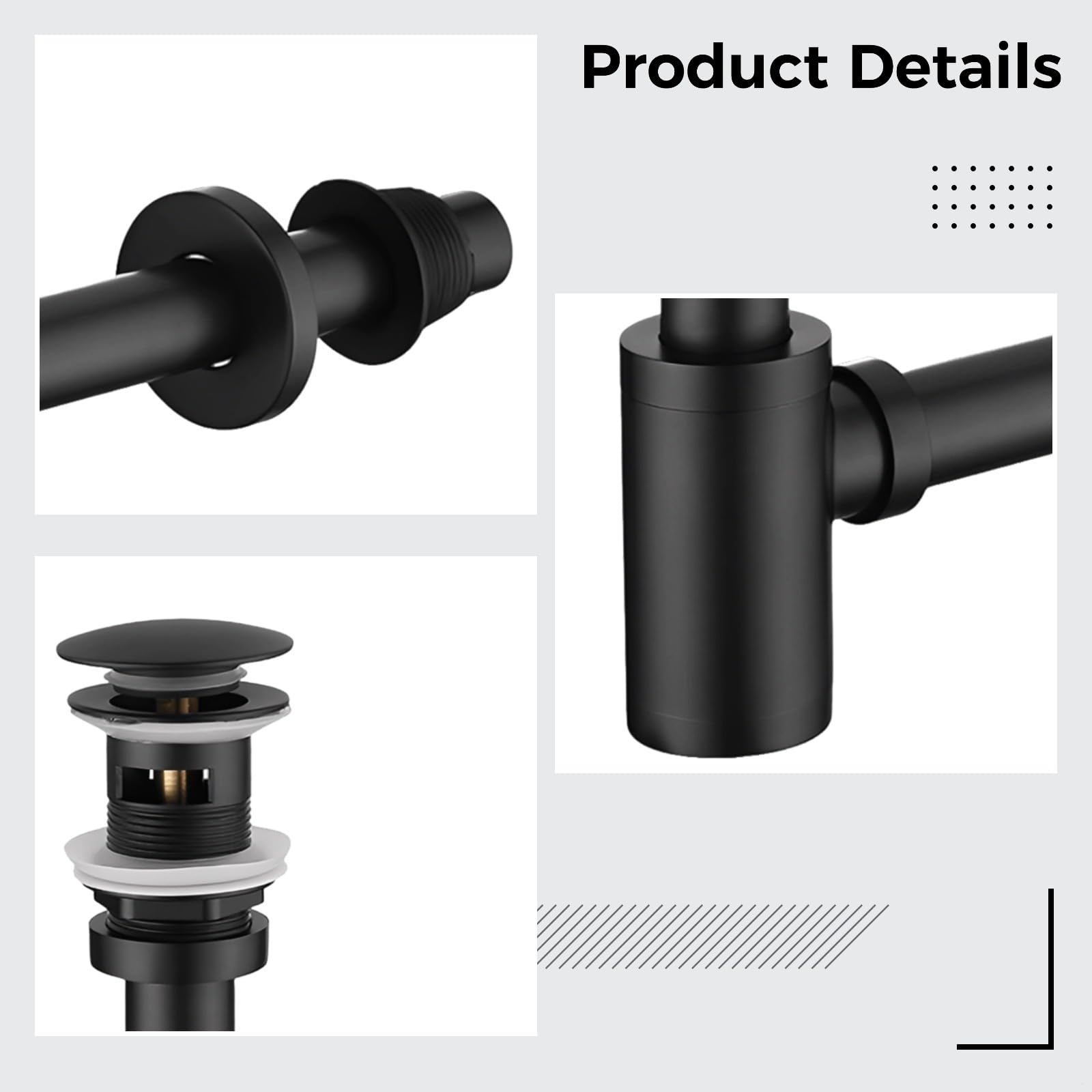 Sifone a bottiglia rotondo per lavabo da bagno, kit da parete in acciaio inox 304, nero opaco con troppopieno, 30 x 35 x 5 cm