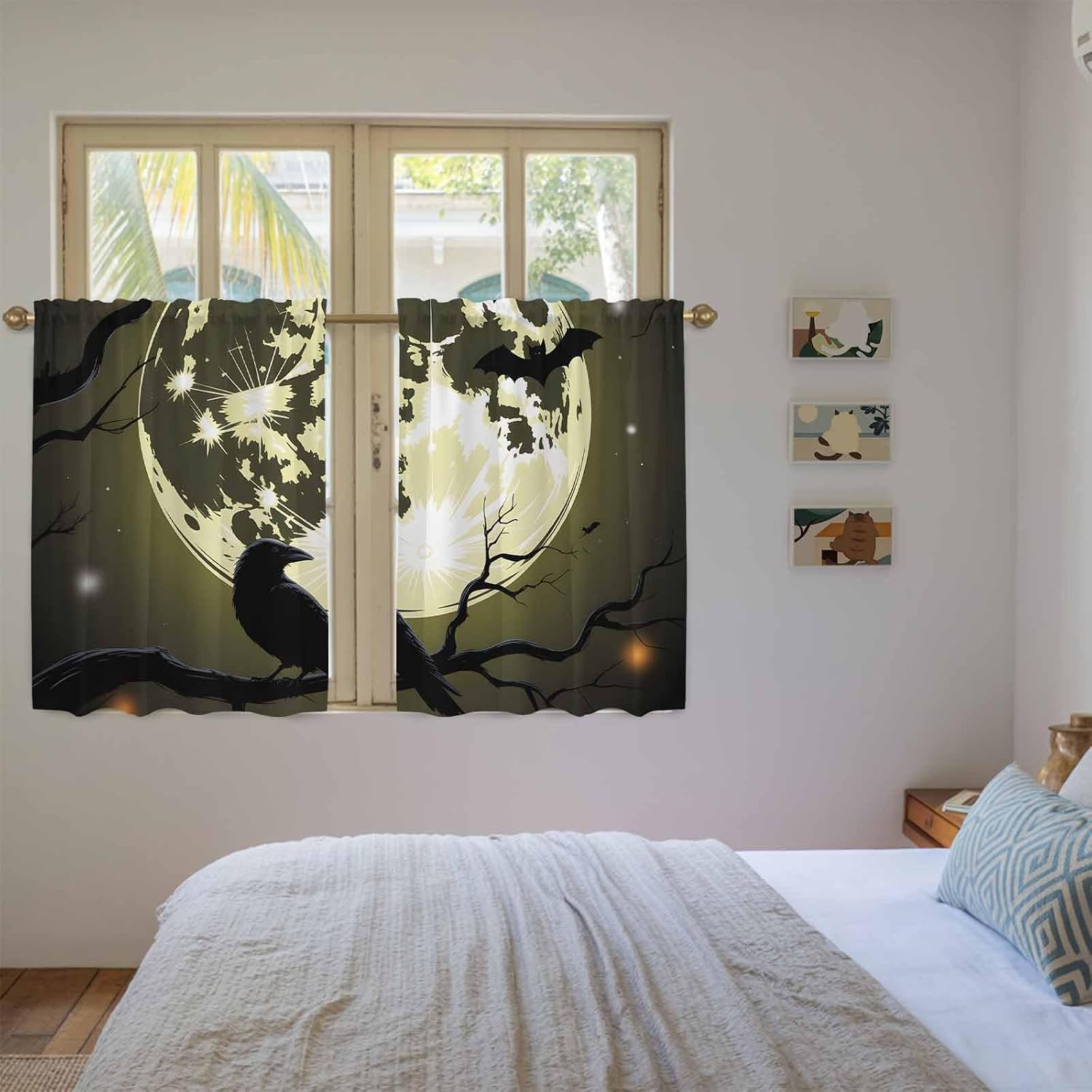 Black Crow Moon Halloween Kitchen Tier Curtains 45 Inch Long 2 Panel Set,Rod Pocket Short Window Treatment,Silhouettes Branches Animals Curtains & Drapes for Bathroom Basement 27.5"W x 45"L