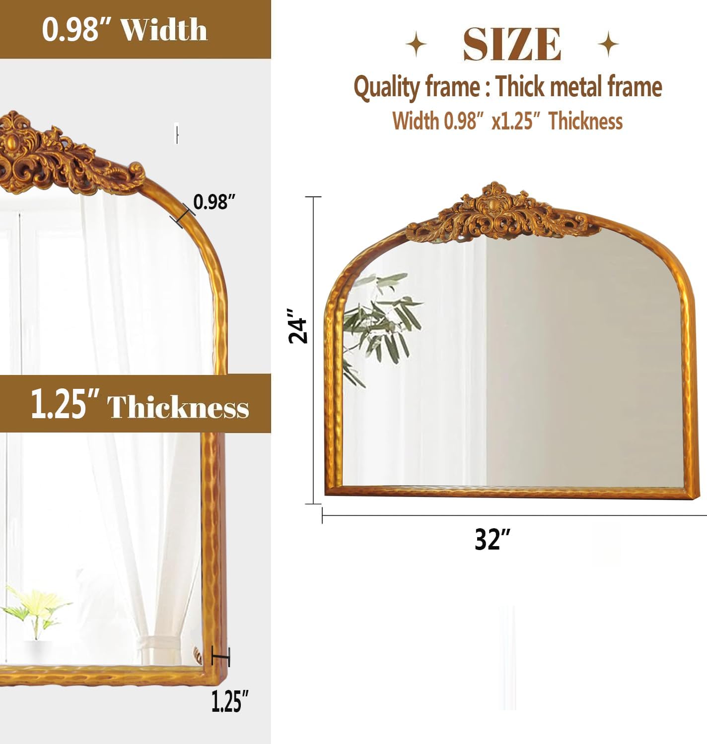 Vintage Arched Bathroom Mirror 32x24, Baroque Traditional Ornate Antique Gold Mirrors for Wall,Large Arch Wall Mirror for Bedroom, Entryway, Fireplace, Mantle