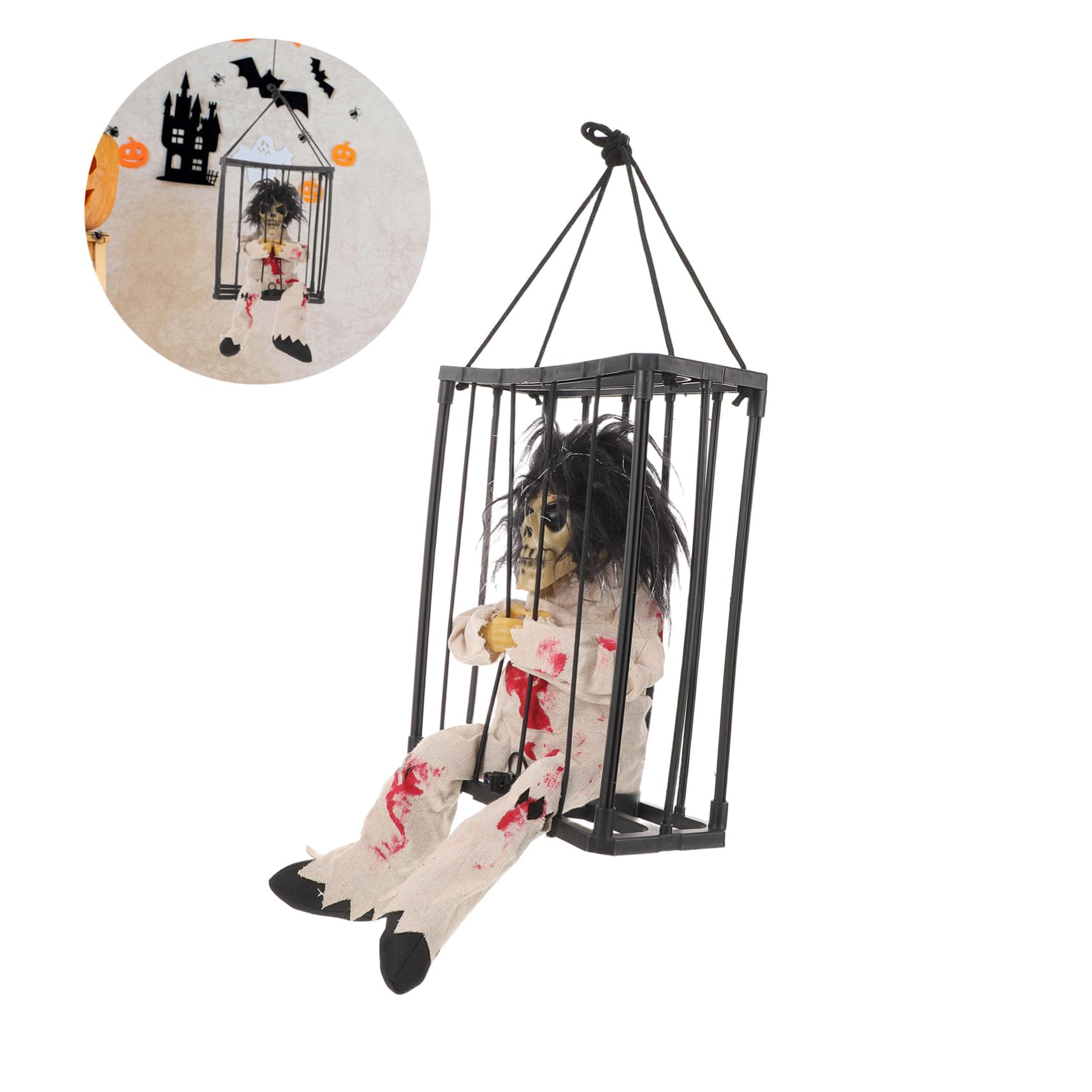 SHINEOFI Halloween Decorazione Gabbia con Scheletro a LED e Suono Spettrale Fantasma Appeso con Stampa Leopardo Sensore di Movimento Ornamento Riutilizzabile per Festa e Giardino