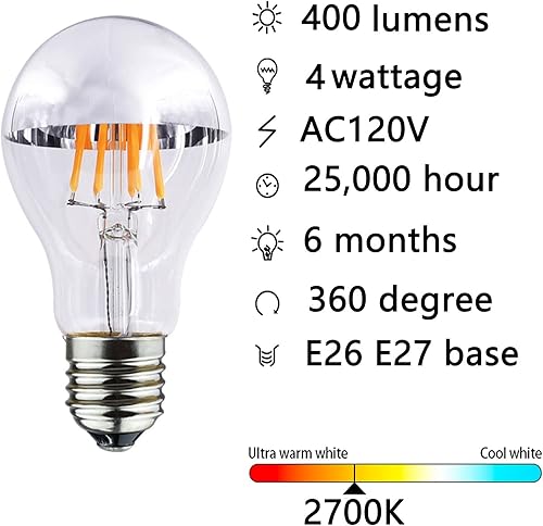 Miniatura 5 de Bombilla LED A19 con punta plateada de 4 W, media bombilla cromada, equivalente a 40 W, bombilla LED Edison vintage blanca cálida de 2700 K, base