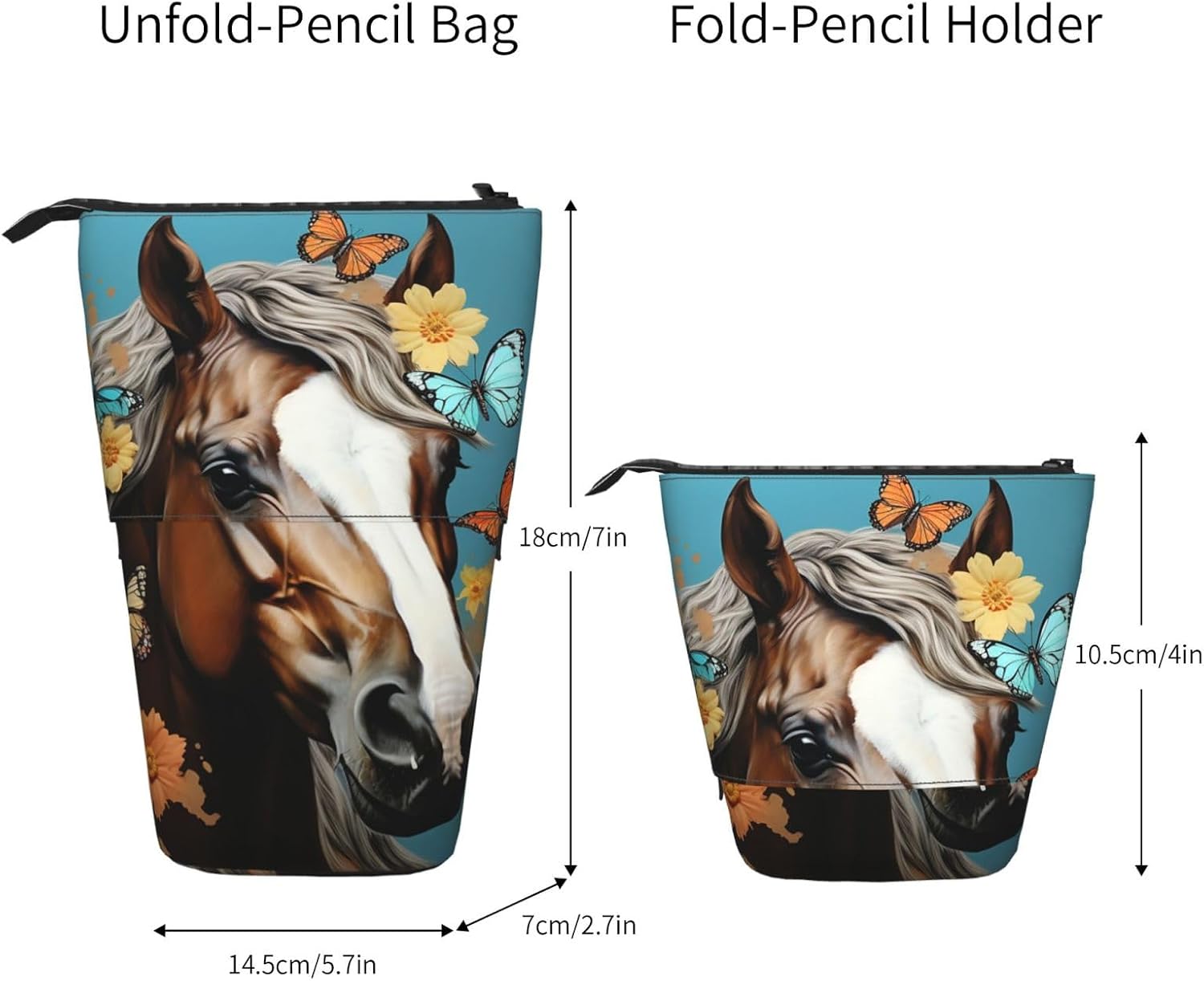 Standing Pencil Case, Cute Telescopic Pencil Pouch, A horse with flowers and butterflies Pencil Bag, Kawaii Stand up Pen Holder, Portable Aesthetic Makeup Bag for Christmas Holiday New Year Office Bag image 4