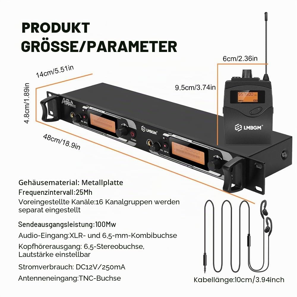 AR2090 Mono UHF Dual Channel Wireless In-Ear Monitoring System Ideal für Aufnahmestudios, Kirchen und Bandaufführungen (2 Kanäle, 2 Bodypack)