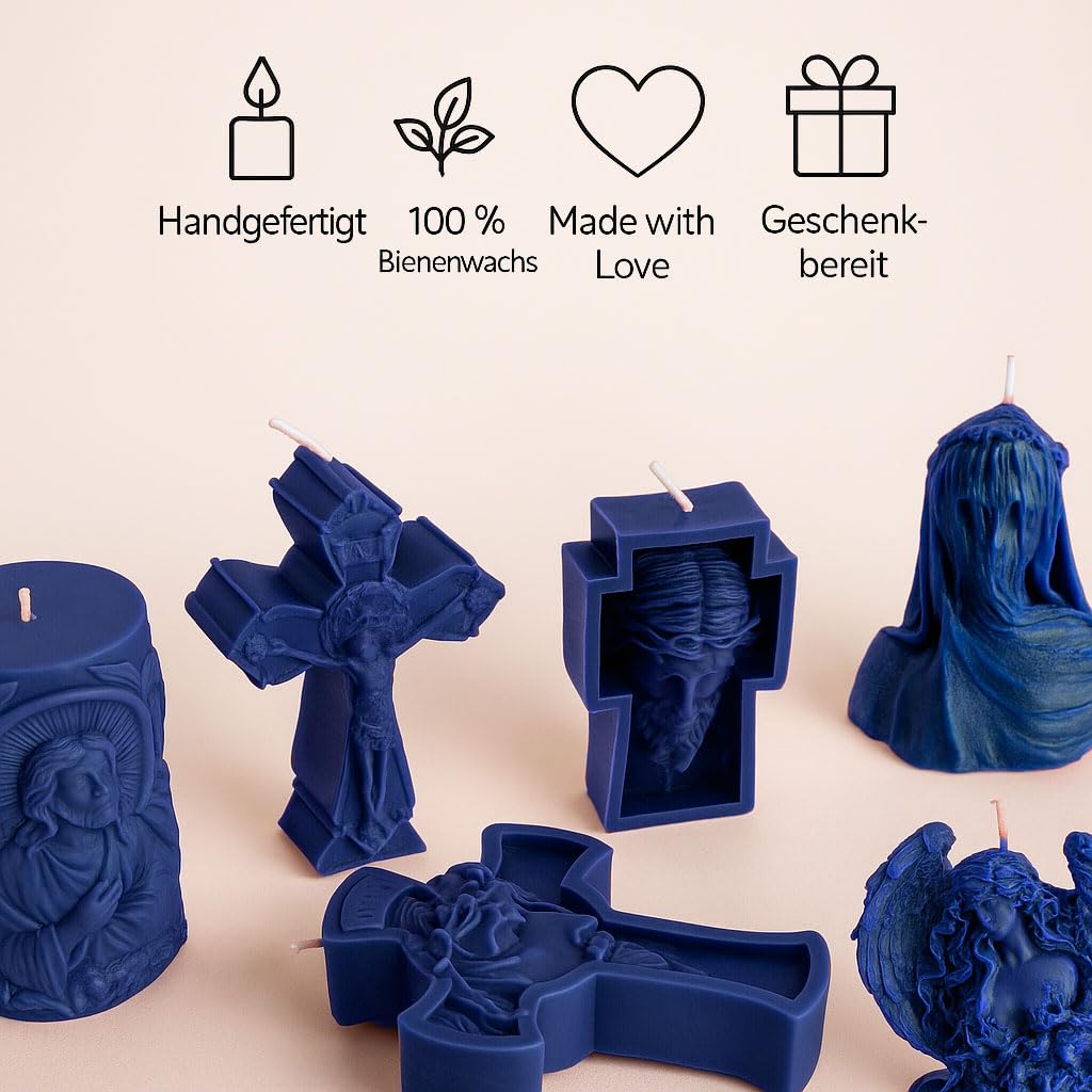 Juego de regalo de velas – 6 velas de cera de abejas hechas a mano, regalo cristiano y espiritual, natural, sin aroma, sostenible y símbolo de fe (azul oscuro)