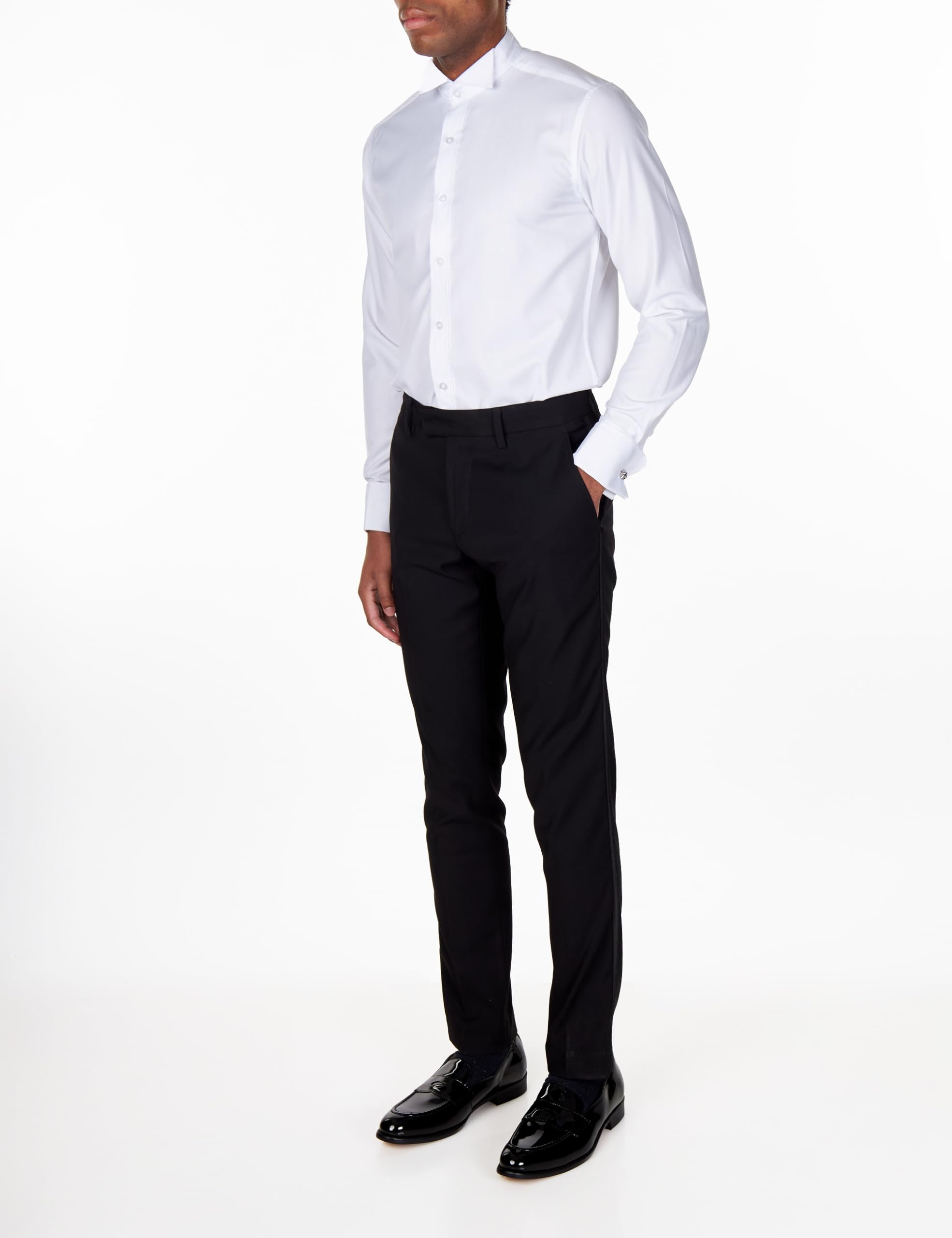 Xposed Pantalones de Esmoquin Negros para Hombre con Cinta de Raso Pantalones de Vestir de Frente Plano entallados
