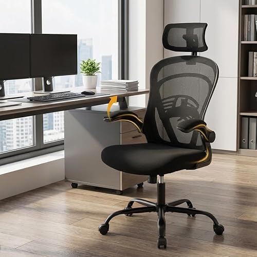 Ergonomic Office Chair,Computer Desk Chair Comfy with Flip-Up Armrests,Comfortable Lumbar Support Gaming Chairs for Bedroom,Study,Student,Wide Black