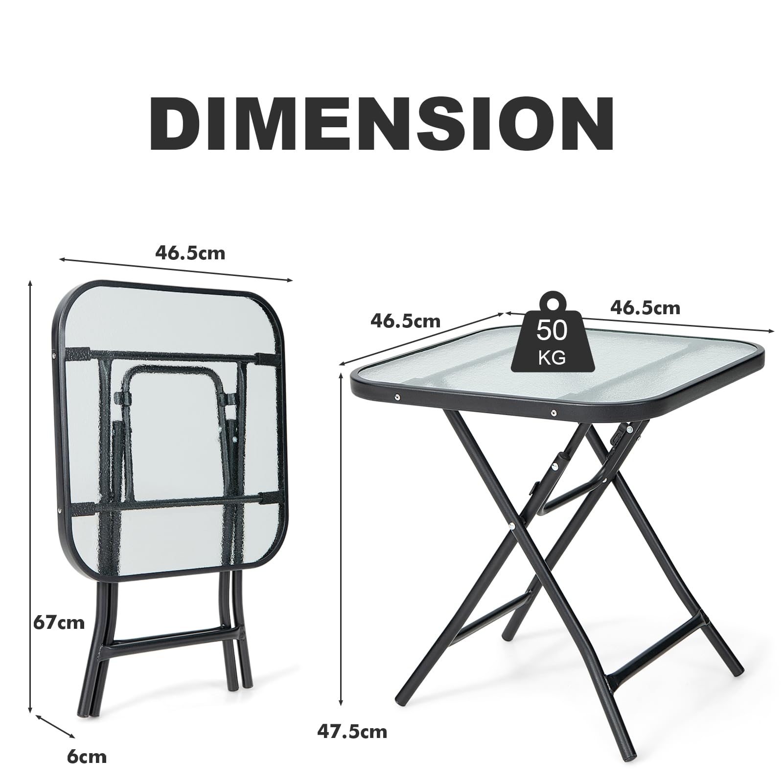 KOMFOTTEU Table de Jardin Pliable, Verre, Carrée, 46,5 x 46,5 x 47,5 cm