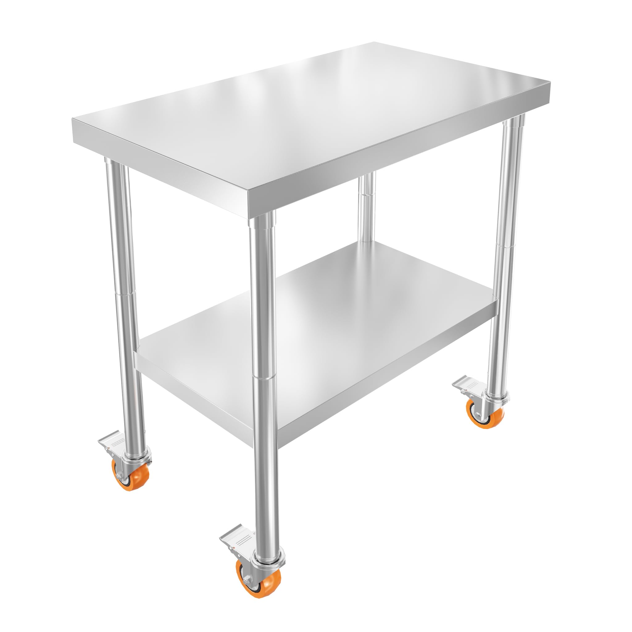 FIVMEN Tavolo da lavoro in acciaio inox, 76 x 46 x 85 cm, catering, tavolo da cucina con ruote, per gastronomia, in acciaio inox, doppio strato, per cucina, bar, ristorante