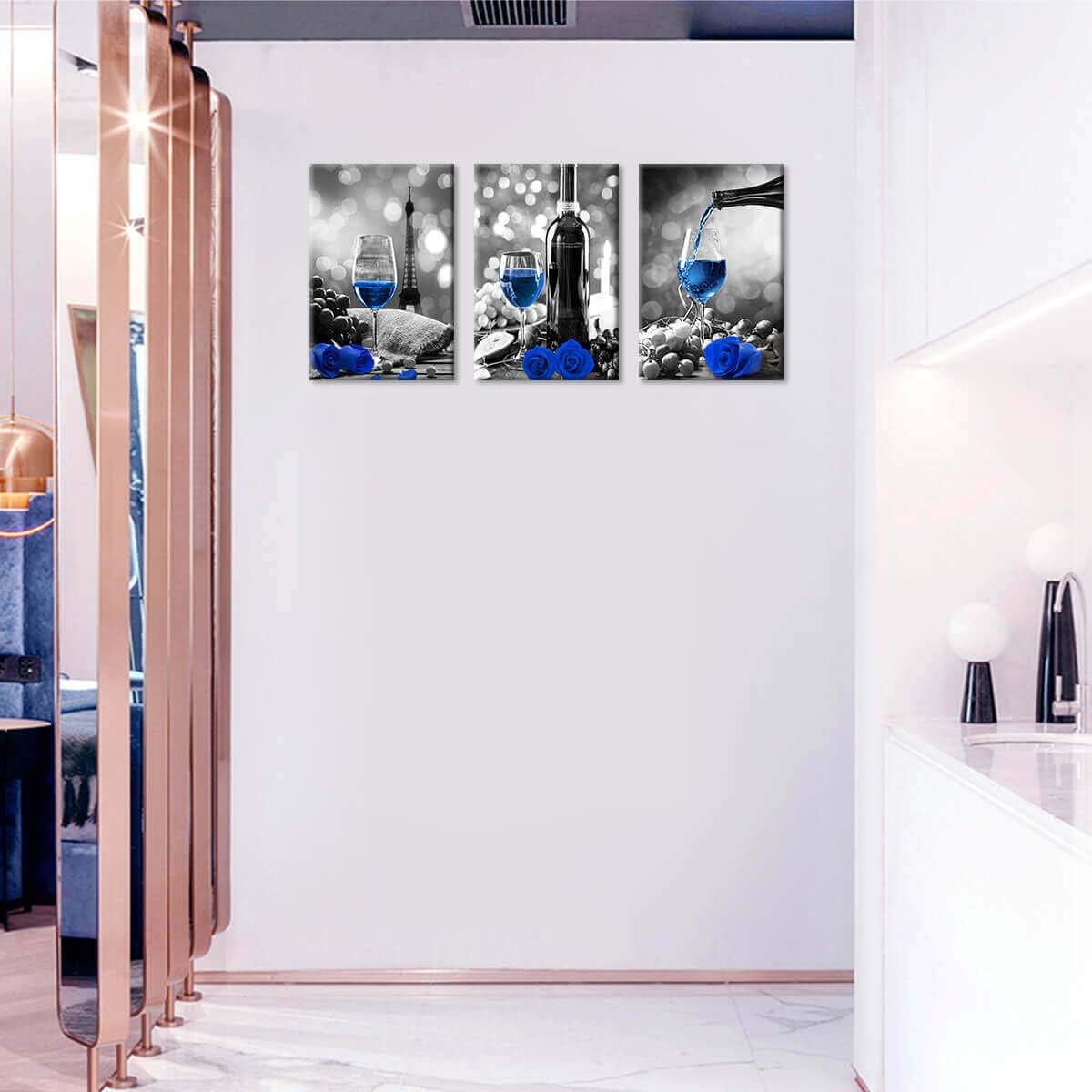 Wine Decor Kitchen Canvas Art Blue Wine Rose Artwork for Home Walls Black and White With Blue Wine Painting Printed Rose Art Dining Room Decor Blue Kitchen Pictures Wall Decor Stretched 16x24inchx3