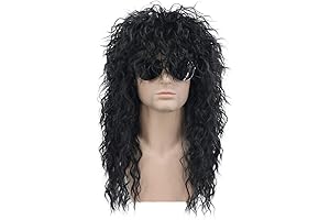 70s 80s Rocker Metal Rockstar Mullet Wig Men's Long Curly Black Party...