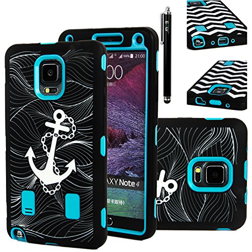 Note 4 Case, E LV Galaxy Note 4 Case Cover - Shock-Absorption / High Impact Resistant Full Body Hybrid Armor Protection Defender Case Cover for Samsung Galaxy Note 4 with 1 HD Screen Protector, 1 Stylus and 1 Microfiber Cleaning Cloth -ANCHOR BLUE