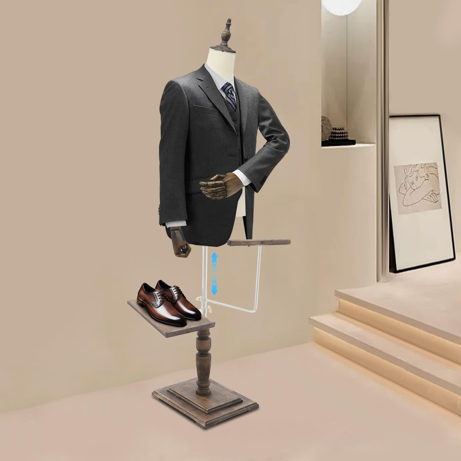 Mannequin de Couture Homme Réglable 135–180 cm, Porte-Pantalon et Support à Chaussures, Socle Stable en Bois, Buste Autoportant pour Boutiques et Vitrines (Beige, Standard)