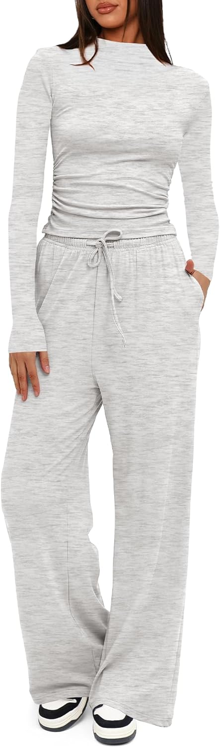 Darong Women's 2 Piece Outfits Lounge Sets Long Sleeve Mock Neck Tops High Wasited Wide Leg Pants Tracksuit Sets - Image 4
