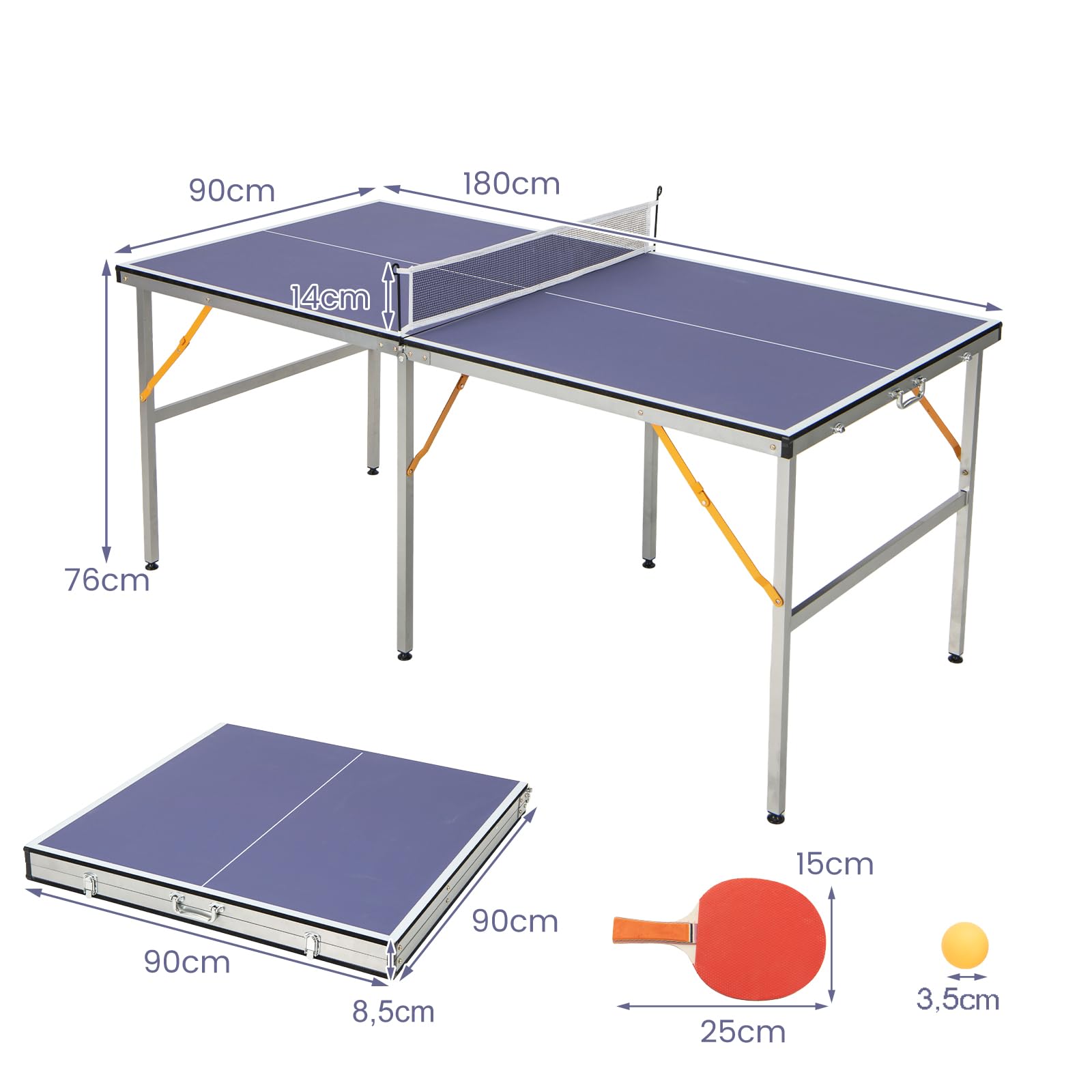 GYMAX Tavolo da ping-pong pieghevole, 152,4 x 76,2 x 76,2 cm, mini tavolo da tennis con 2 palline e 2 racchette, tavolo portatile per tennis per interni ed esterni