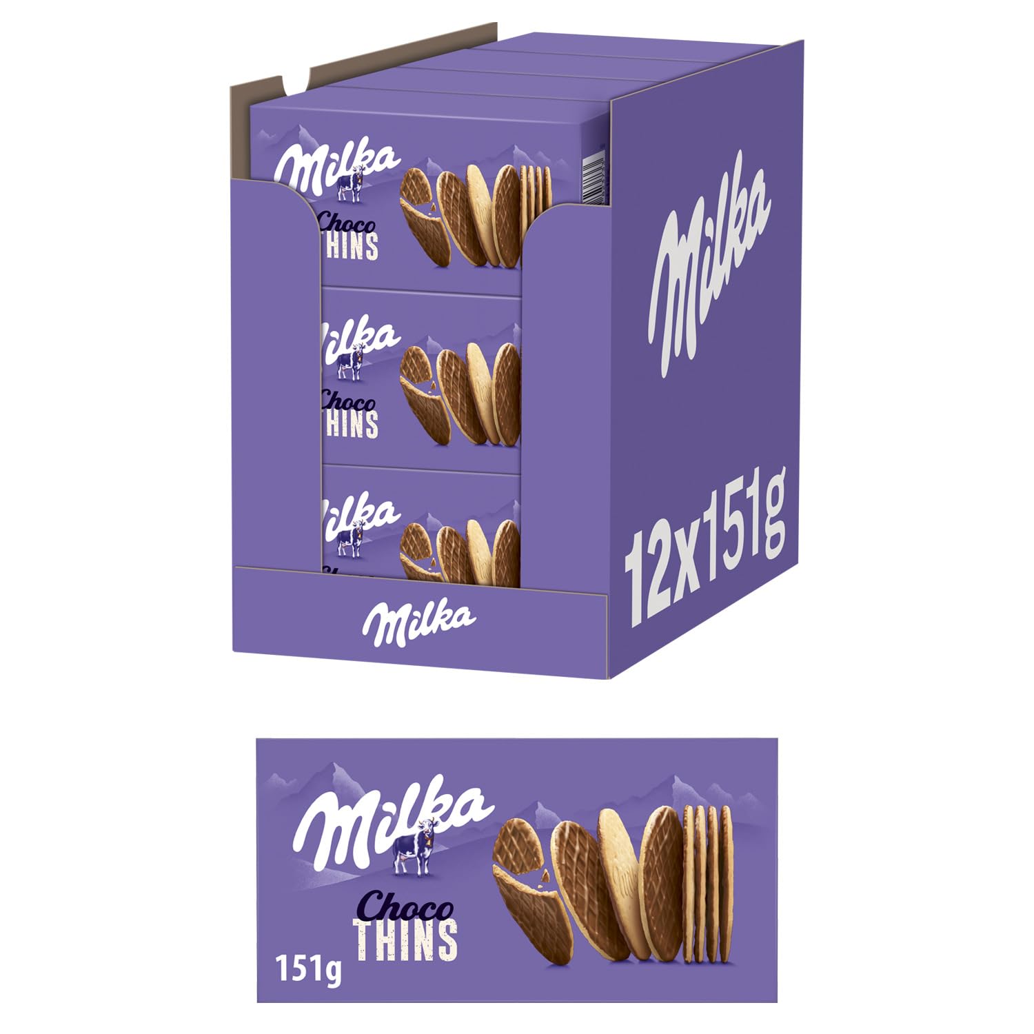 Milka Choco Thins – Galletas crujientes con delicado chocolate con leche alpina, 12 x 189 g