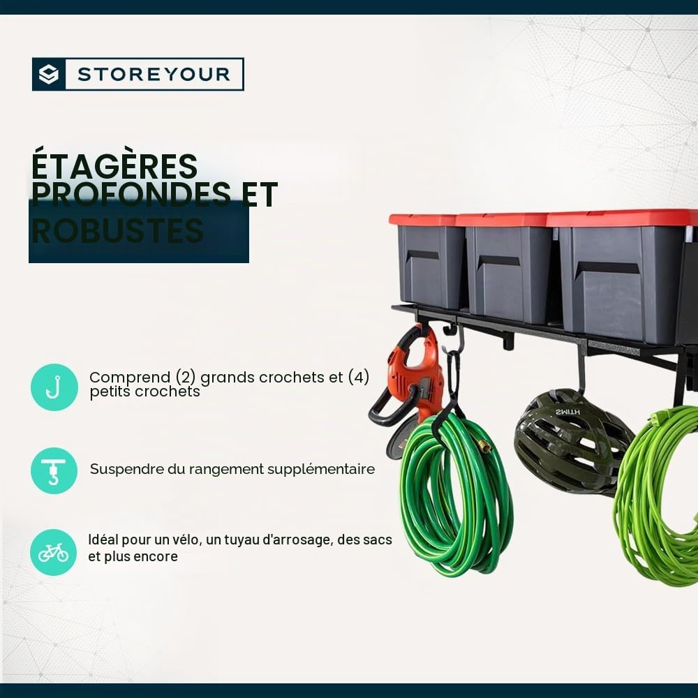 StoreYourBoard Lot de 2 étagères murales de garage robustes – 3,5 x 1,2 m, 90,7 kg chacune, crochets inclus pour l'organisation