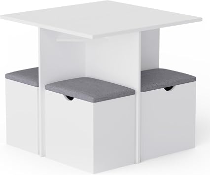 Mondeer Dining Set with 4 Stools Soft Cushions Dining Table Set with Storage Space for Small Spaces Dining Room Kitchen 80 x 80 x 75 cm White and Gray