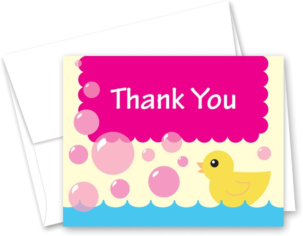 50 Cnt Yellow Duck Pink Bubbles Baby Thank You Cards