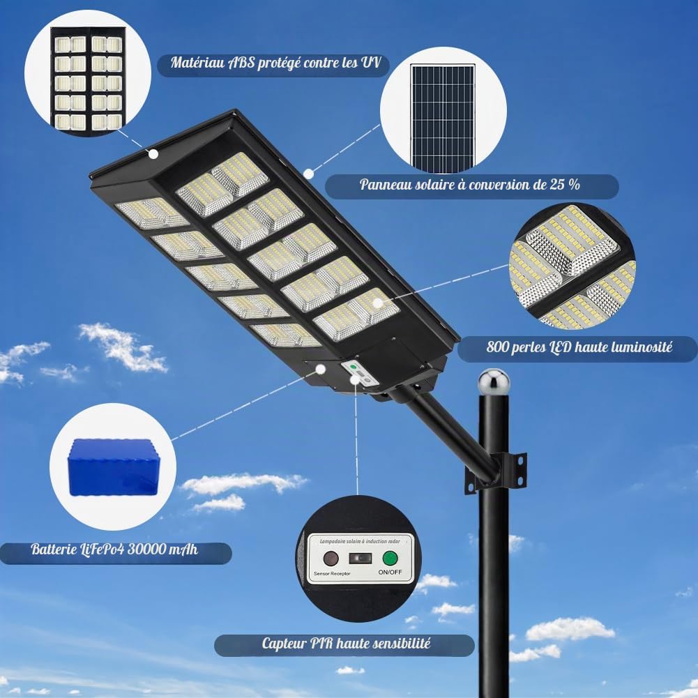 WERISE 1000W Lampadaire Solaire Exterieur avec Detecteur de Mouvement, 6500K 800 LED Lampe Solaire avec Telecommande, IP65 Étanche Projecteur Solaire Puissant pour Jardin Rue Garage