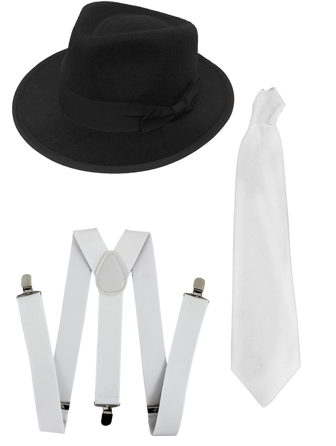 GANGSTER SET FANCY DRESS ACCESSORY COSTUME KIT BLACK OR WHITE TRILBY HAT + WHITE BRACES + WHITE TIE MOB GANGSTER MEN AL CAPONE (BLACK HAT)