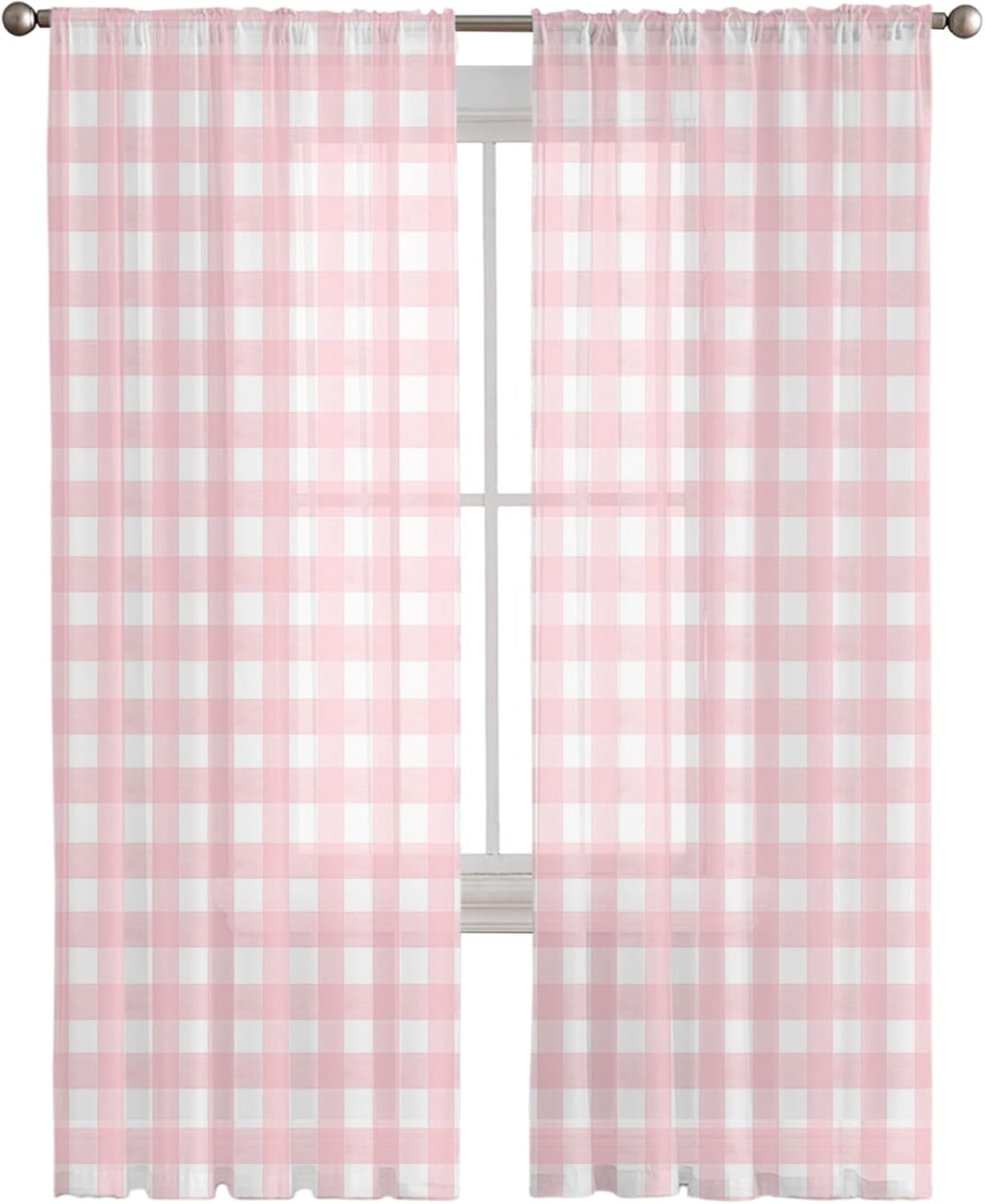 Curtains Sheer Valance Window 2 Panels Set, Pink Buffalo Plaid Drapes, Rod Pocket Curtain Draperies Decor for Kitchen Bedroom Living Room Drapes, 52" Wx84 L