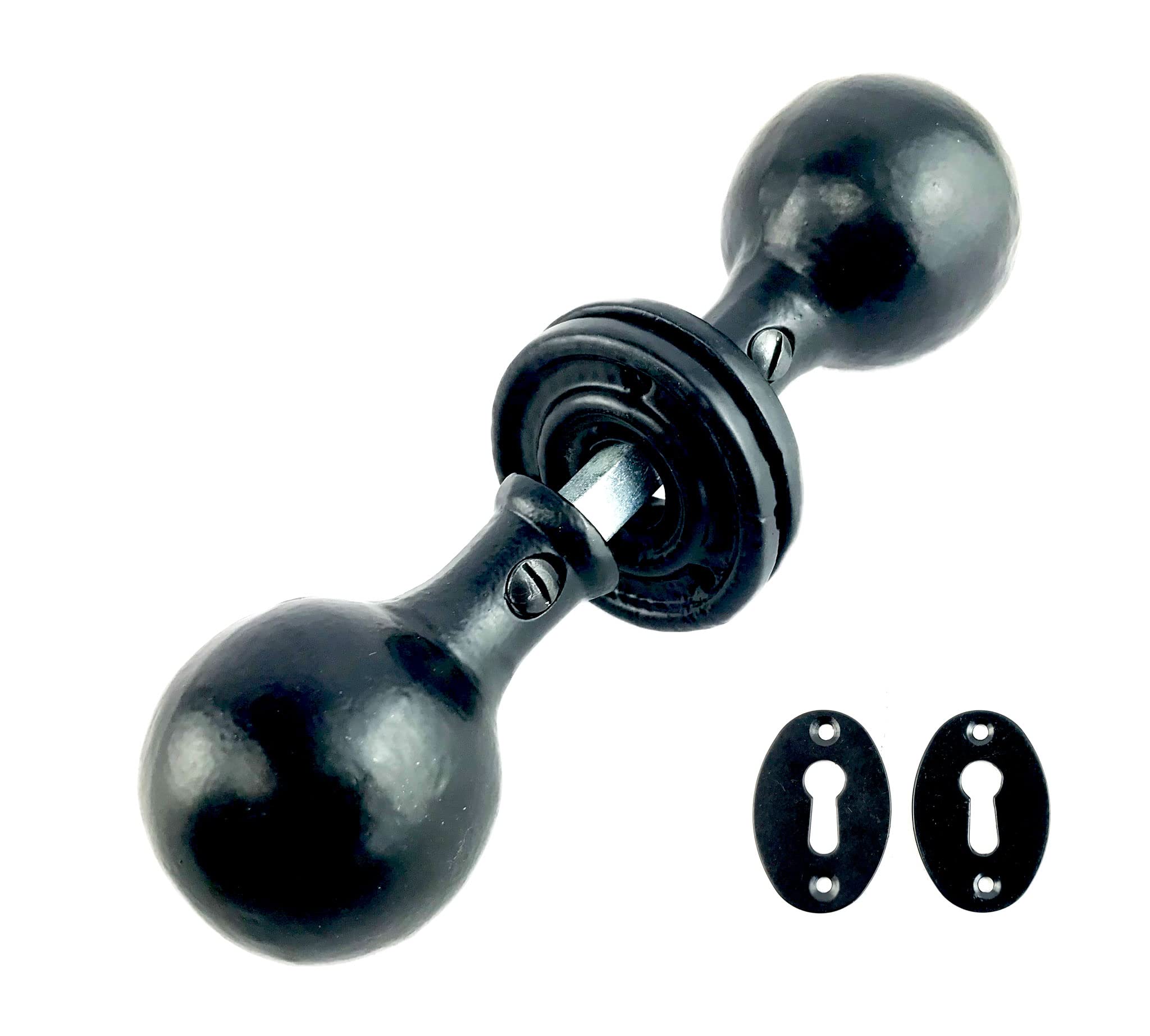 Cast Iron Door Knobs Black Oval Round Octagonal Antique Tudor Rim Or Mortice (Round) 50mm Dia Handle x 150mm