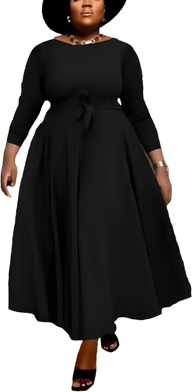 Women Plus Size Formal A Line Maxi Dress Self Tie Waist with Pockets Elegant Round Neck Swing Long Dresses