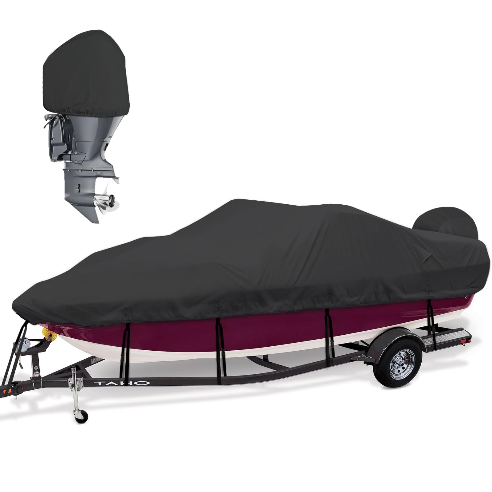 Bass Boat Covers 17-19ft, 600D Heavy Duty Waterproof Boat Cover 17 18 19 Foot (17'-19' with Motor Cover), Fits V-Hull, Fishing, Runabout Bowrider Boat