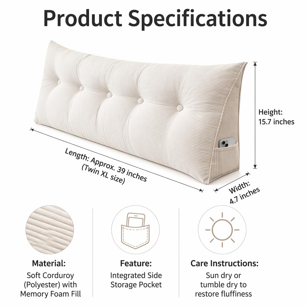 Almohada Triangular para cabecero Twin XL – Respaldo ergonómico y almohadón (70.8)