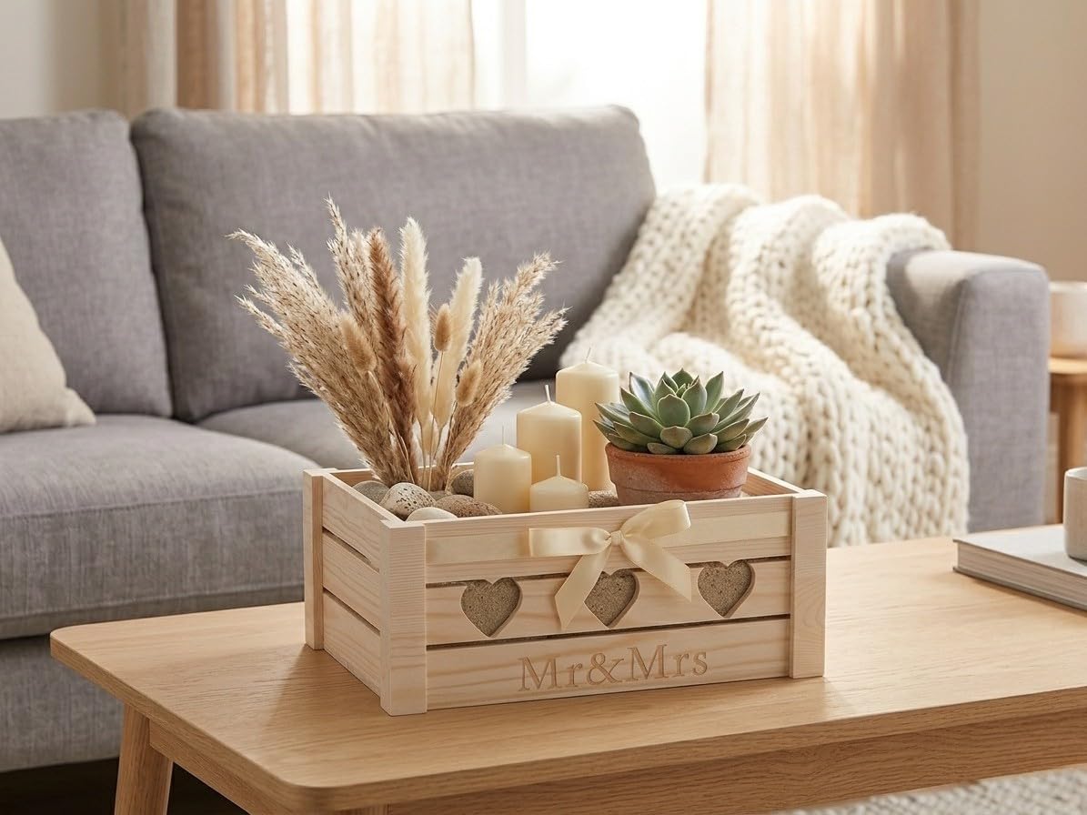 Mr & Mrs Geschenkkorb Hochzeit aus Holz 30x20x12 cm – Geschenkbox Kiefer mit Herzmotiv, Geschenkfolie 100x100 cm, Schleife & Papier – Hochzeitsgeschenk Brautpaar Deko