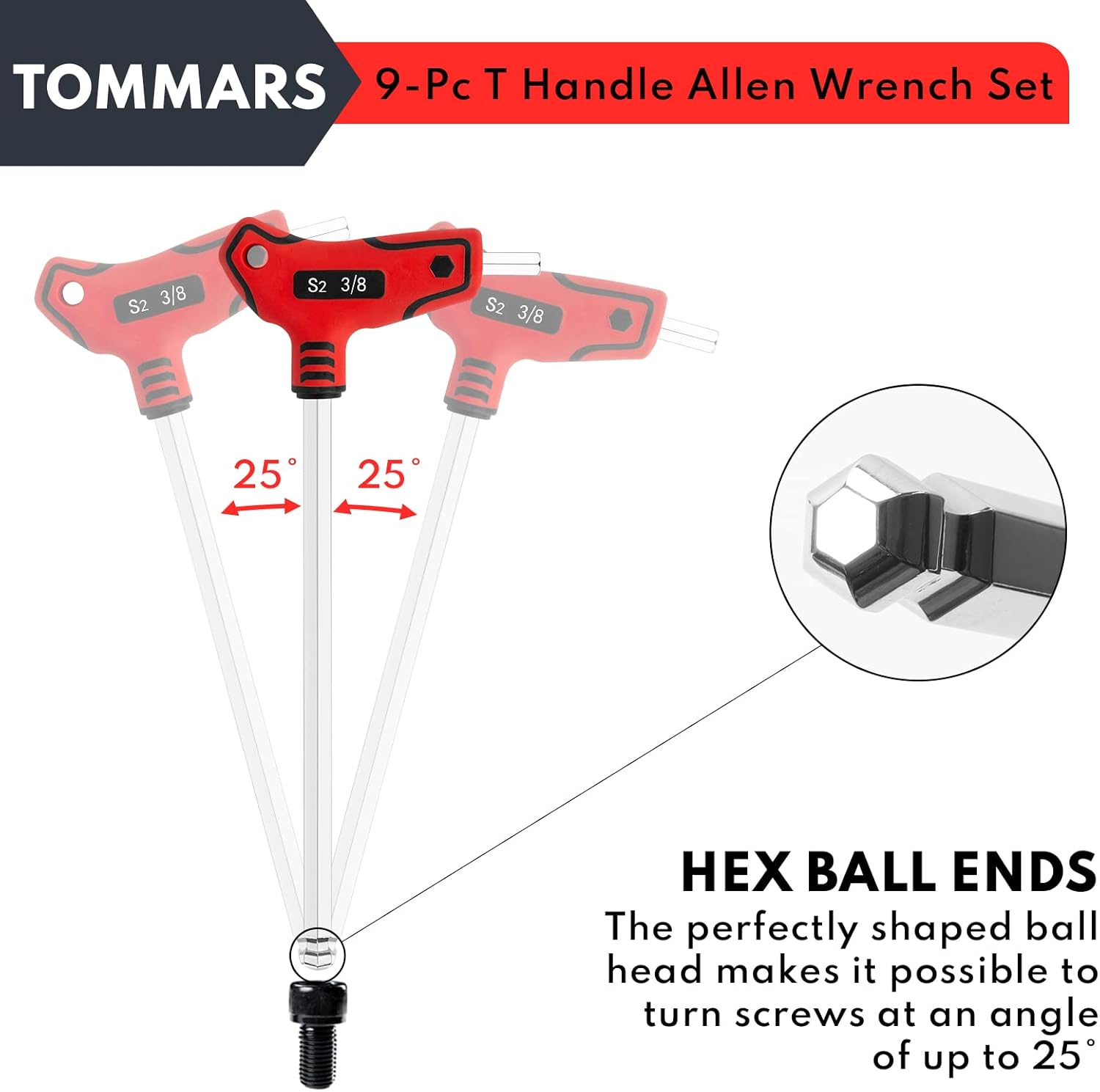 TOMMARS 9PC T Handle Allen Wrench Set, SAE T Handle Hex Key Set Ball End, SAE 5/64-3/8 inch, S2 Steel