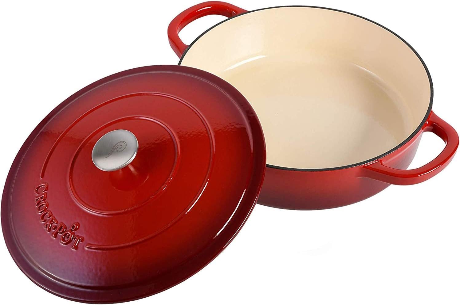 5 Quart Enameled Cast Iron Braiser Pan with Self-Basting Lid – Round Dutch Oven Casserole Dish for Roasting, Simmering & Baking – Oven Safe with Large Handles for Easy Lifting (Red)