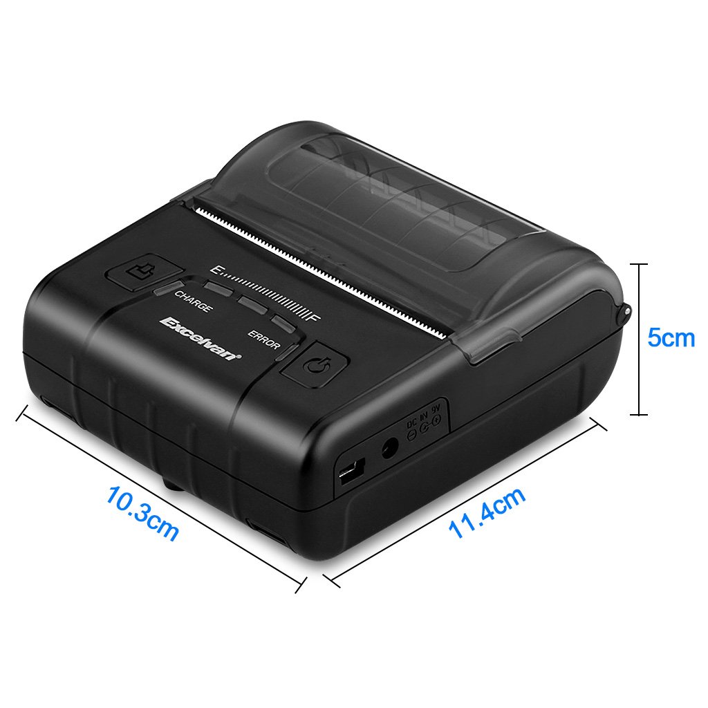 Strana view of the EXCELVAN E300 printer showing dimensions: 10.3 cm length, 11.4 cm width, 5 cm height.