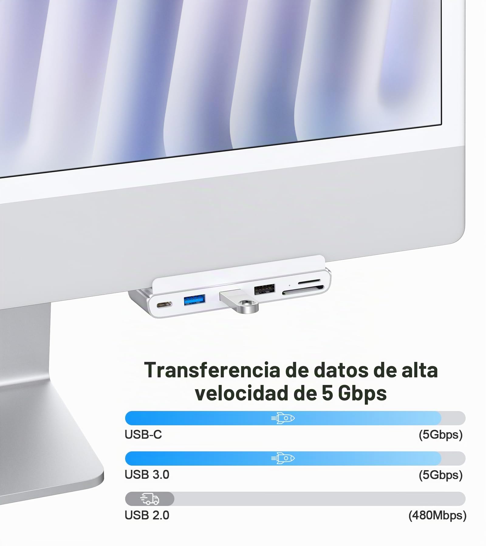 Adaptador USB 8 en 1 para iMac con HDMI 4K @ 60Hz, USB 3.0 5Gb/s, Lector de Tarjetas SD/TF, Base USB C para iMac 24" M1/M3/M4