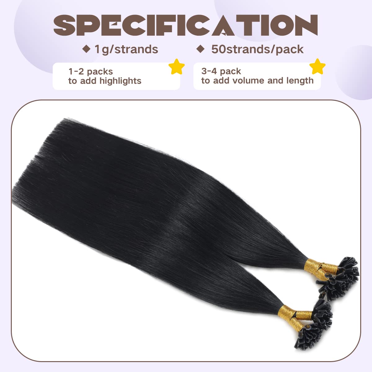 Sindra Extension Capelli Veri Cheratina Nero Jet 50cm 50g Parrucca Donna Capelli Veri Umani Utip in Hair Extensions Human Hair Remy Umano Estensione U#1-50cm