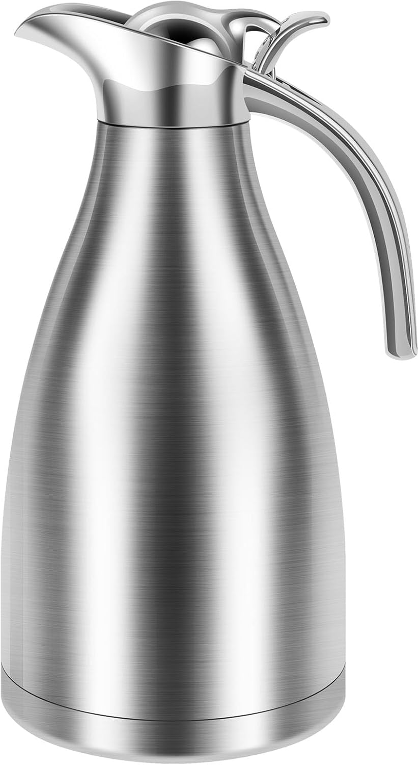 Thermal Coffee Carafe, 2L/68OZ Thermal Coffee Jug, Stainless Steel Insulated Coffee Carafe, Double Walled Insulated Coffee Pot, Leakproof Vacuum Thermal Coffee Flask for Coffee Tea (Silver)