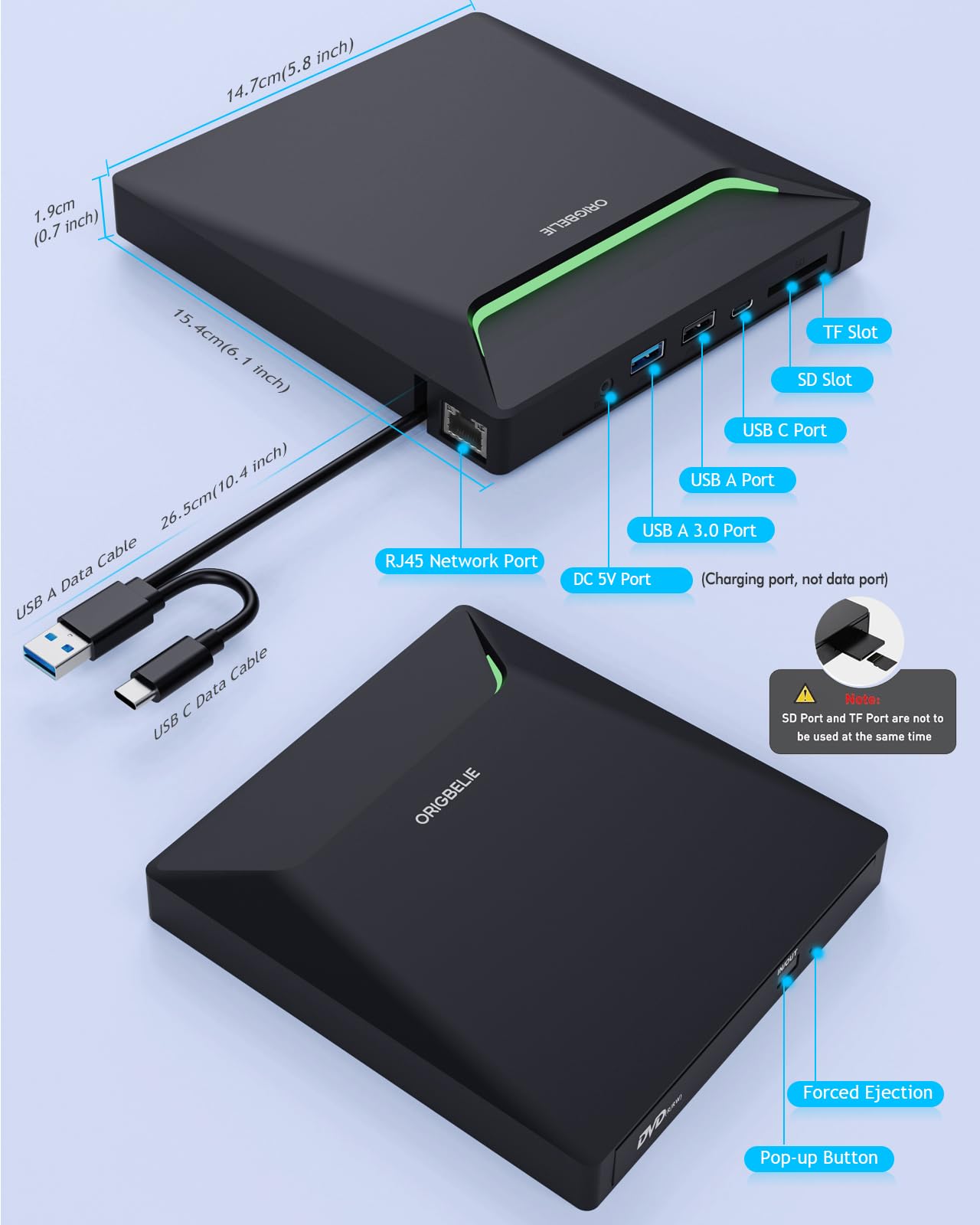 Nuovo Masterizzatore DVD Esterno, USB 3.0 Lettore DVD Esterno con Adattatore Ethernet, 3 Porte USB e 2 Porte TF/SD Card, Lettore CD Esterno per PC Portatile MacBook Windows Linux Mac OS con Custodia
